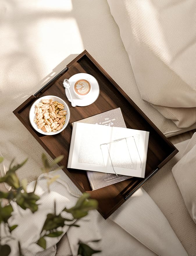 20 Inch Acacia Wood Ottoman Tray for Living Room - Coffee Table Trays, Serving Tray with Handles for Ottoman Table, Decorative Trays for Home Decor, Charcuterie Boards (Walnut Color)