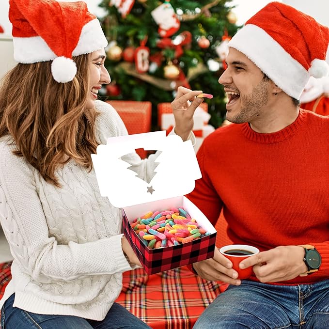 Ruisita 30 Pack Christmas Cupcake Boxes Plaid Cookie Gift Boxes Food Treats Container with Tags for Cupcake, Candy, Party Favors (Red+Black, 6.3 x 6.3 x 3 Inches)