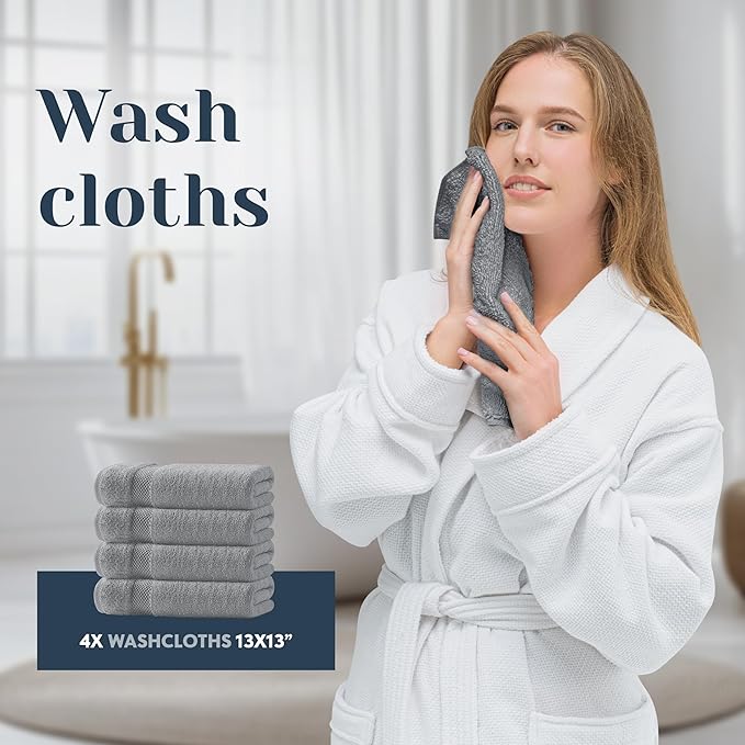 White Classic Luxury Bath Towel Set of 8 Pieces - 100% Turkish Cotton Highly Absorbent Towels for Bathroom, 2 Luxury Bath Towels 700GSM, 2 Hand Towels, 4 Washcloths, Dolphin Gray