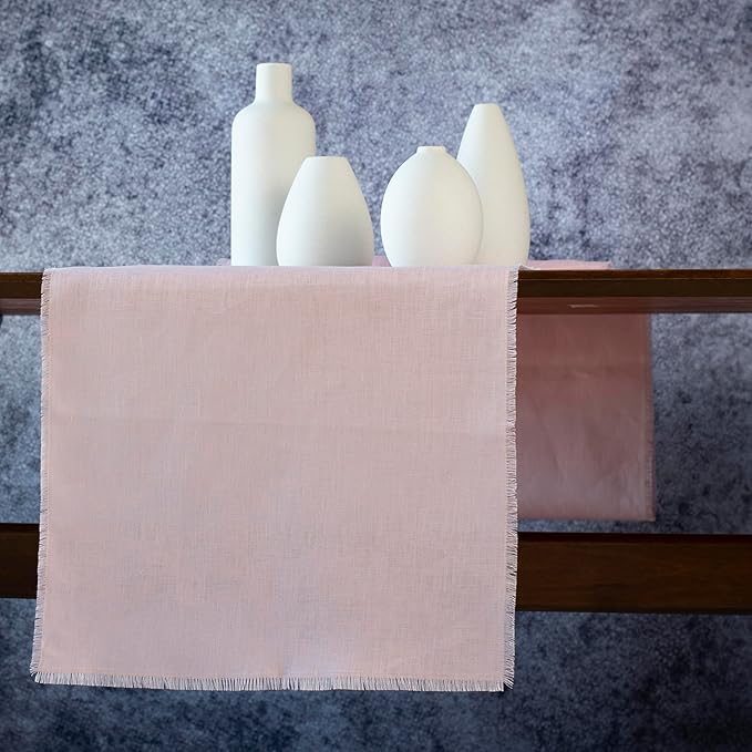 Pink Linen Table Runner with Fringe- 14x90 inches Long, 100% Pure Linen Runner for Table, Table Runner for Valentines Day, Spring and Summer –Thin but Luxury, Handmade