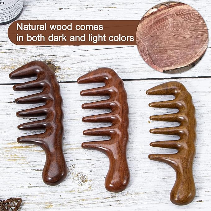 Wooden Wide Tooth Comb for Curls, 2 Pcs Thicken Natural Sandalwood Hair Combs for Women and Men, Detangles Long Thick Wet or Dry Hair, Head Scalp Massager, Anti-static (Golden, Long&Short)