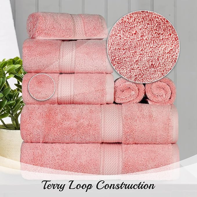BLUENILEMILLS Madison Egyptian Cotton Towels, Towel Set for Bathroom, Shower, Hotel, Plush, 900 GSM, Highly Absorbent and Ultra-Soft Towels, Bath Essentials, 8 Piece Assorted Towel Set, Tea Rose