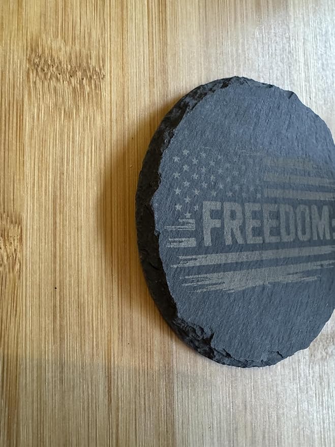 Freedom Natural Slate Coaster with American Flag Design, Black Stone, Patriotic Home Decor, Rustic Drink Holder Set of 4