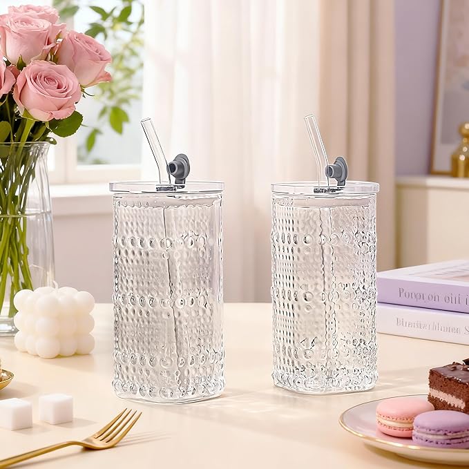 Glass Cups with Lid and Straw 4 Sets, 13OZ Square Embossed Beaded Glass Tumbler with Lid and Straw for Whiskey Cocktail Beer, Iced Coffee, Hot/Cold Drinks