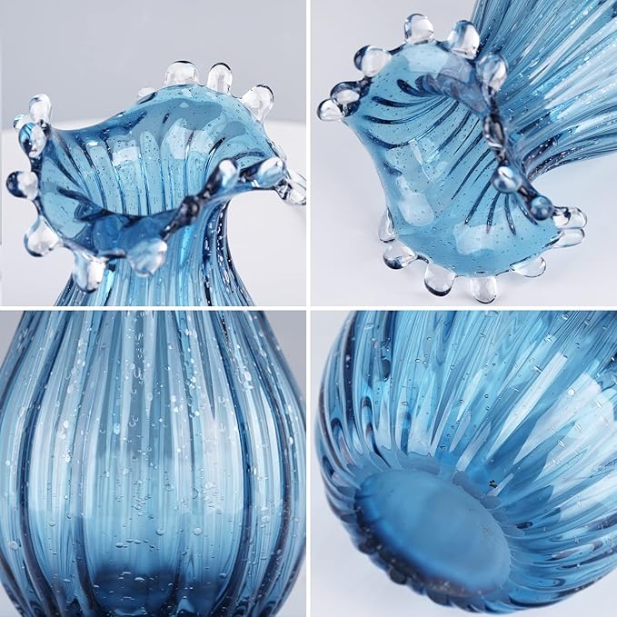 Hand-Blown Glass vase, Unique Blue Glass vase, Modern Art Decor, Suitable for Living Room Coffee Tables, Wedding centerpieces, Dining Tables, and Office Centerpiece Floral Arrangements