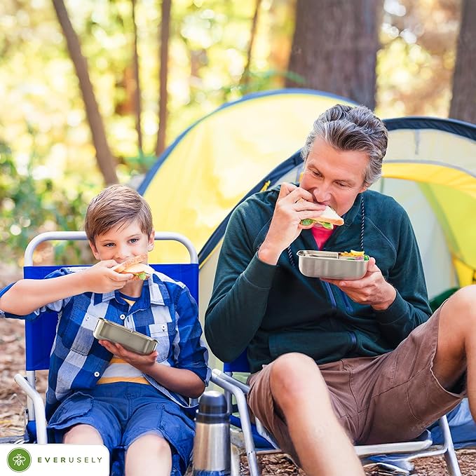 Everusely - Bento Box - Green, 27oz / 0.8 L - Stainless Steel Lunch Box with Leakproof Condiment Container - 3 Compartment Snack Organizer for On the Go Meals - Freezer & Dishwasher Safe