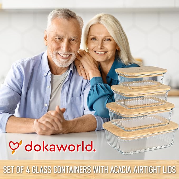 Ribbed Glass Tupperware Set with Bamboo Lids - 4 Stackable Meal Prep Containers. Durable heat resistant Inert Borosilicate Glass