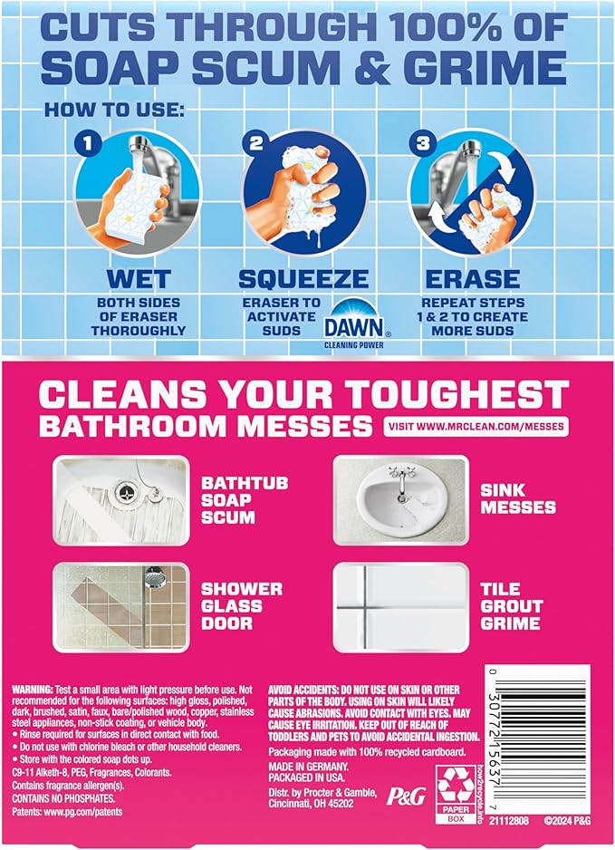 Mr. Clean Magic Eraser Sponge, Bathroom Cleaner, Soap Scum Shower & Tub Cleaner, 2 in 1 Bath, 5ct