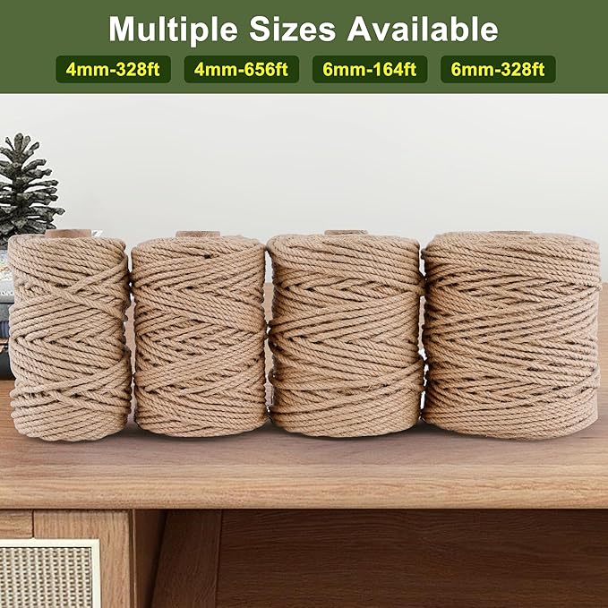 Natural Jute Twine 656ft 4mm,3Ply Twisted Thick Twine Rope Strong Jute String Roll for Crafts Gift Wrapping Gardening Home Decor Bundling Cat Scratching Post