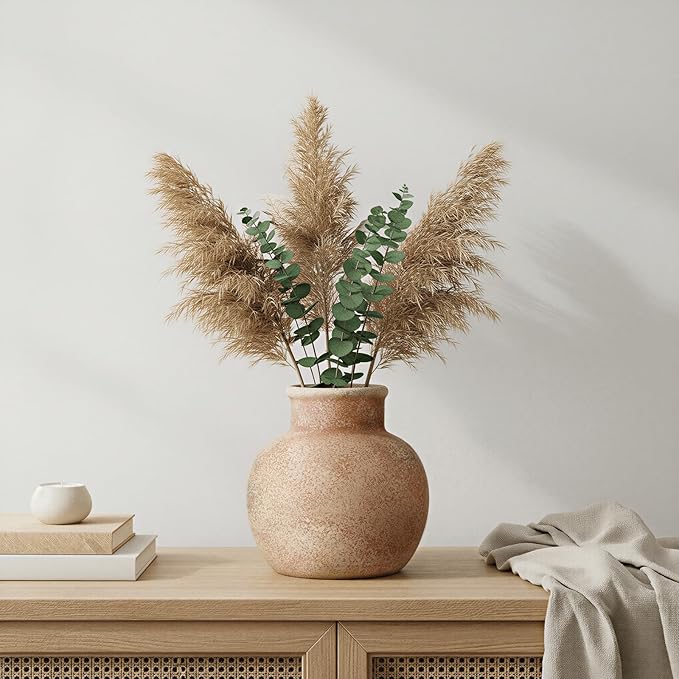 Ceramic Flower Vase, 5.5-Inch Terracotta Pottery Rustic Farmhouse Boho Vase, Handcrafted Decorative Vase for Home Decor, Centerpieces, Table, Living Room, Mantel, Shelf