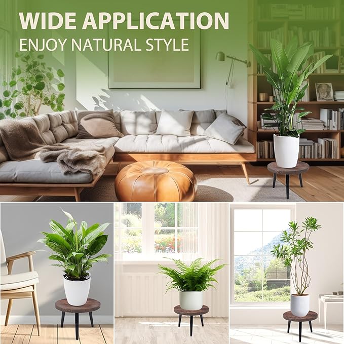 2 Pcs 8 inch Plant Stands, Small Floor Indoor Plant Stand, Mid Century Wood Planter Stand with Metal Leg, Round Modern Plant Stool for Indoor Outdoor Flower Pots (Brown)