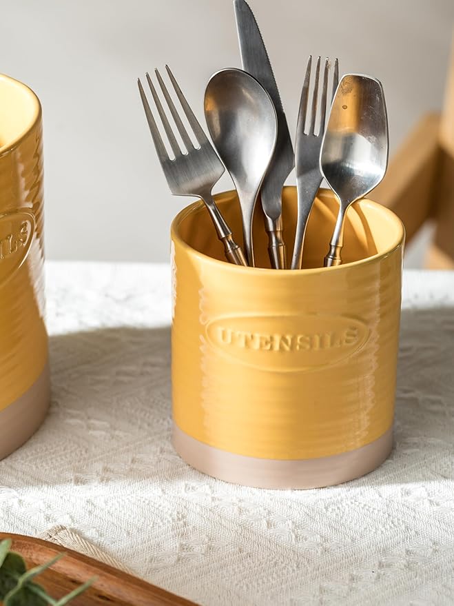 YHOSSEUN Kitchen Utensil Holder Set of 2, Ceramic Utensil Holder for Kitchen Counter, 6.7"+5.1" Cooking Utensil Crocks for Spatula, Oval Opening, Yellow