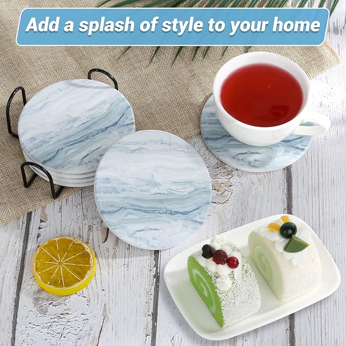 Acejoz Drink Coasters with Holder for Coffee Table, Absorbent Coasters Set of 6, Marble Style Ceramic Coaster for Wooden Table, Suitable for Kinds of Cups, Home Decor, 4 Inches(Blue)