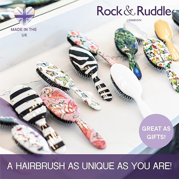 Rock & Ruddle Natural Mixed Boar Bristle Hair Brush for Women and Kids (Large 8.3") - Perfect for Wet or Dry Hair, Detangling Smoothing Blowdrying - Designed & Made in UK - Tickled Pink Design