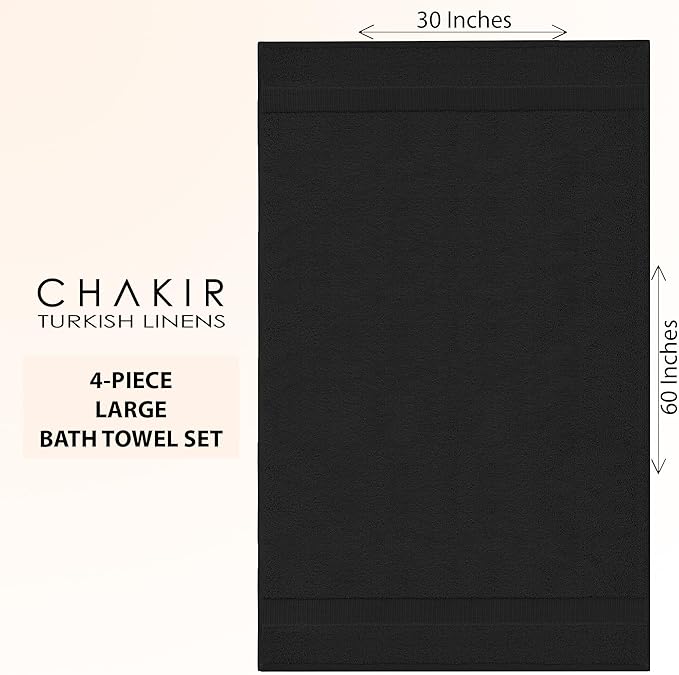 Chakir Turkish Linens 100% Cotton Premium Turkish Towels for Bathroom | 30'' x 60'' Large Bath Towels (4 Piece, Black)
