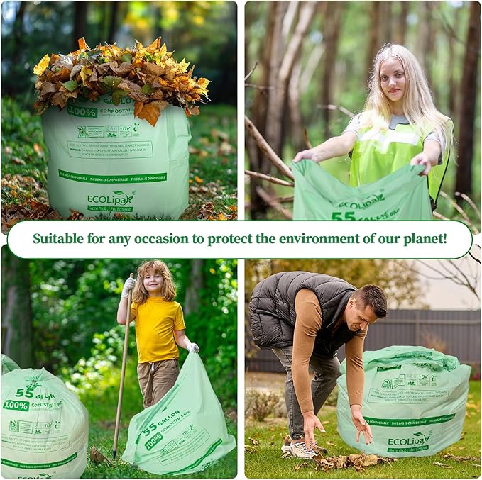 ECOLipak 55 Gallon Compostable Trash Garbage Bags, 12 Count (1 Roll) Biodegradable Heavy Duty Large Outdoor Trash Bags for Lawn/Yard, US BPI ASTM D6400 and OK Compost Home Certified