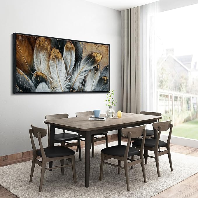 Framed Feather Canvas Wall Art Modern Living Room Bedroom Wall Decoration Large Canvas Painting Artwork for Home Decor White Gold Brown Feather Picture 24x48 Size