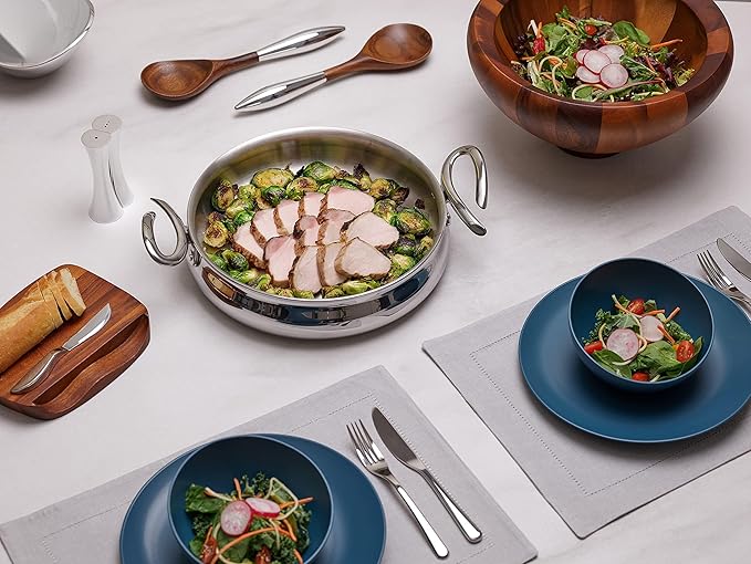 Nambé Yaro Salad Bowl Set – 14" Acacia Wood Bowl with Alloy-Accent Servers, Smooth Sculpted Design & 4 QT Capacity – Elegant Tableware for Serving Salads, Meals & Entertaining Guests