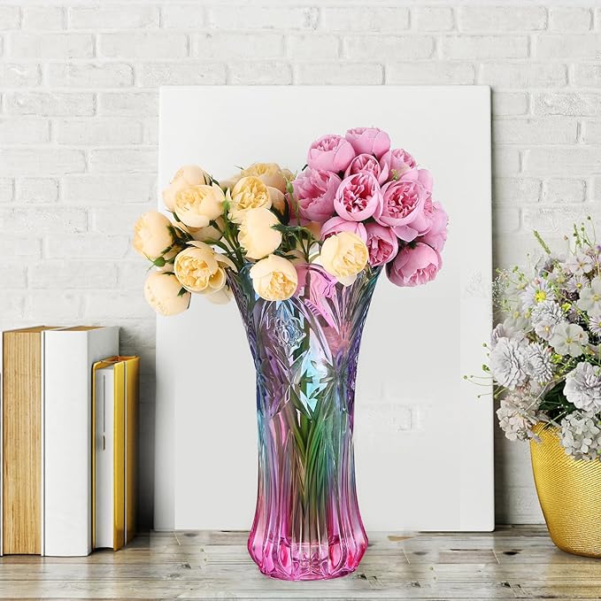 Multicolor Clear Glass Vases Wide Mouth Gradient Flower Vase for Bookshelf Dinner Table Indoor Office Desktop Meeting Room Bathroom Countertop 9.43x4.91x4.91 Inch