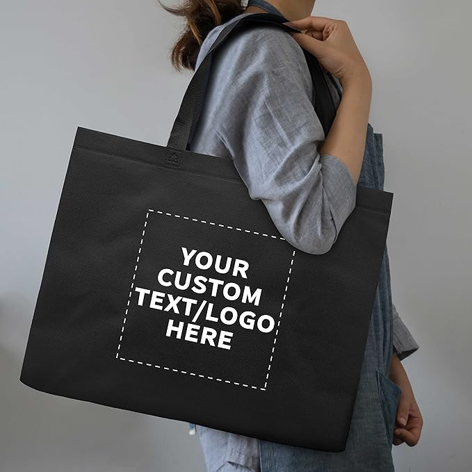 DISCOUNT PROMOS Custom Jumbo Sized Tote Bags Set of 50, Personalized Bulk Pack - Reusable Grocery Bags, Shopping Bags, Promotional Item Totes for Women - Black