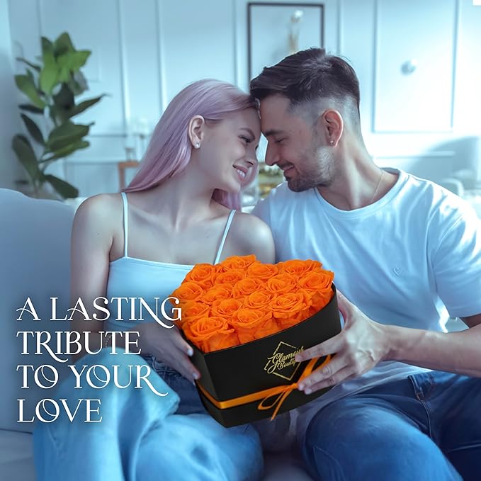 GLAMOUR BOUTIQUE 16 Flower Forever Heart Shape Box - Preserved Roses Gift for Her, Preserved Flowers, Orange