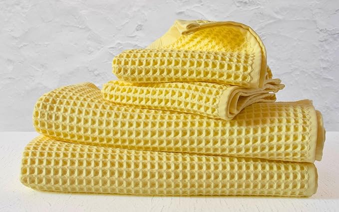 PÜSKÜL - Premium Waffle Towel Set 4 Pieces Yellow - Organic 100% Turkish Cotton Quick-Dry Towels for Bathroom Made in Turkiye (Light Yellow, Towel Set - 2 Hand & 2 Bath Towels)