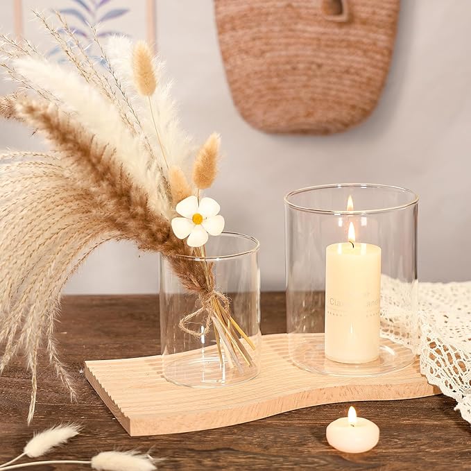 2Pcs Glass Vases for Centerpieces, Cylinder Flower Clear Vase Bulk Hurricane Candle Holder Fall Vase Filler Set with LED Light for Wedding Table Centerpieces Autumn Farmhouse Decoration