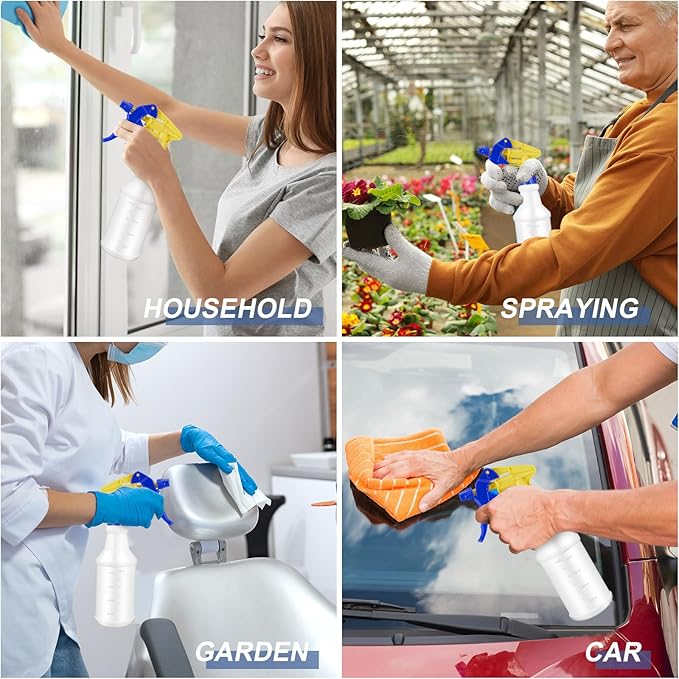 Eccliy 20 Pack 16oz Empty Spray Bottles, Leakproof Cleaning Bottles with Measurement and Adjustable Nozzle for Housekeeping, Commercial Use(Cylinder,Blue Yellow Spray Head)