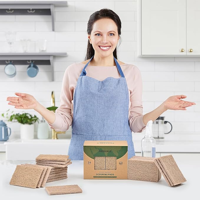 24 Pack Natural Scrub Kitchen Sponges - Coconut Husk Non Abrasive Scouring Pads - Multipurpose Scrubbing for Dishes - Heavy Duty Dishes, Pan and Pot Scrubbers for Kitchen Non Scratch