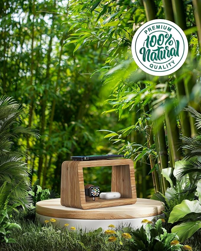 Bamboo Wireless Charging Station: 4-in-1Wireless Charger with Night Lights - Fast Charging Stand Compatible with iPhone 17/16/15/14/13/12 Pro Max/X/Xs Max/8, AirPods Pro, Watch Series