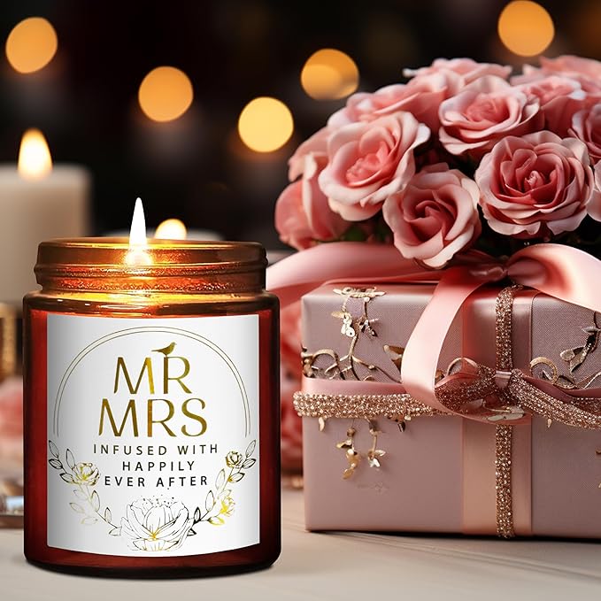 Wedding Gifts for Bride, Groom - Mr and Mrs Candle - Happy Engagement Gift for Her, Bride to Be - Gifts for Bridal Shower, Newlywed, Married Couples Anniversary - Jasmine Scented Soy Candle