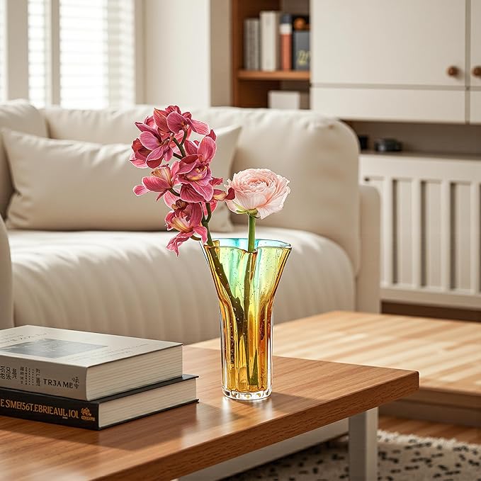 8.5" Blown Glass Vase for Flowers, Modern Ombre Glass Vase for Home Decor, Flower Vases Decorative | Table Centerpiece, Olive Plant, Wedding, Living Room, Bookshelf, Office, Entryway