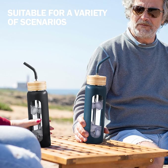 24oz Glass Water Bottle with Straw and 2 Lids-Bamboo and Spout Lid, Borosilicate Glass Water Bottle with Silicone Sleeve and Time Marker,BPA Free & Cupholder Friendly,Dark Blue