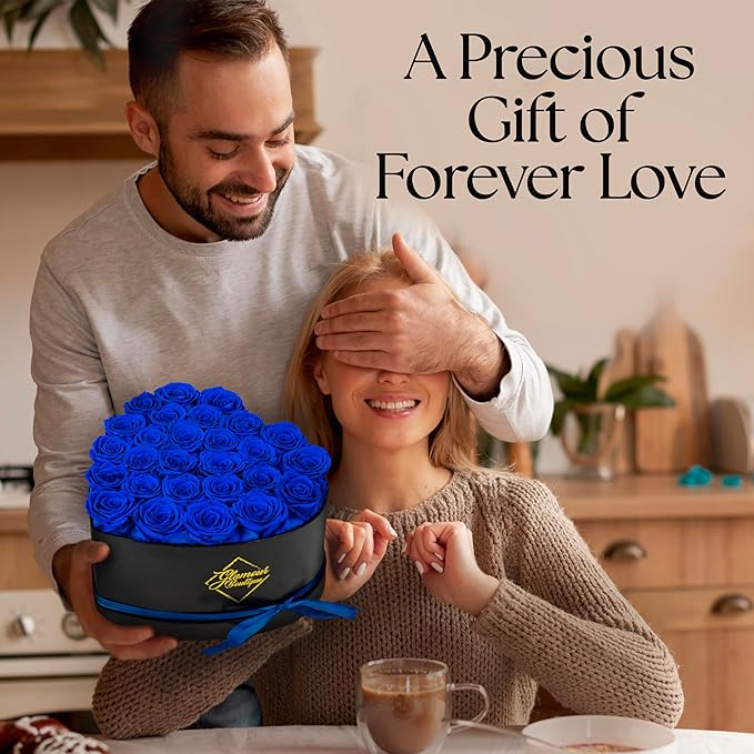 GLAMOUR BOUTIQUE 27 Flower Forever Heart Shape Box - Preserved Roses Gift for Her, Preserved Flowers, Blue