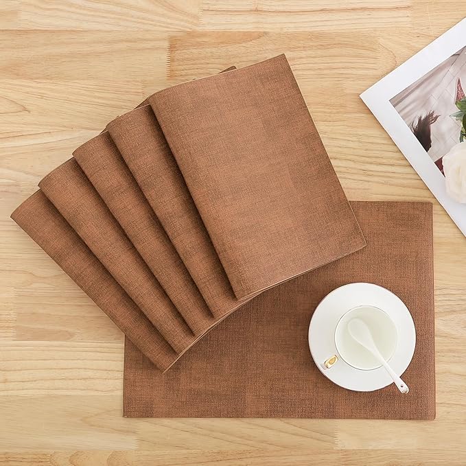 Homaxy Faux Leather Heat Resistant Placemats for Dining Table Set of 6, Waterproof Wipeable Washable PU Table Mats, Easy to Clean Anti-Slip Place Mats, 11.8 x 17 Inch, Brown