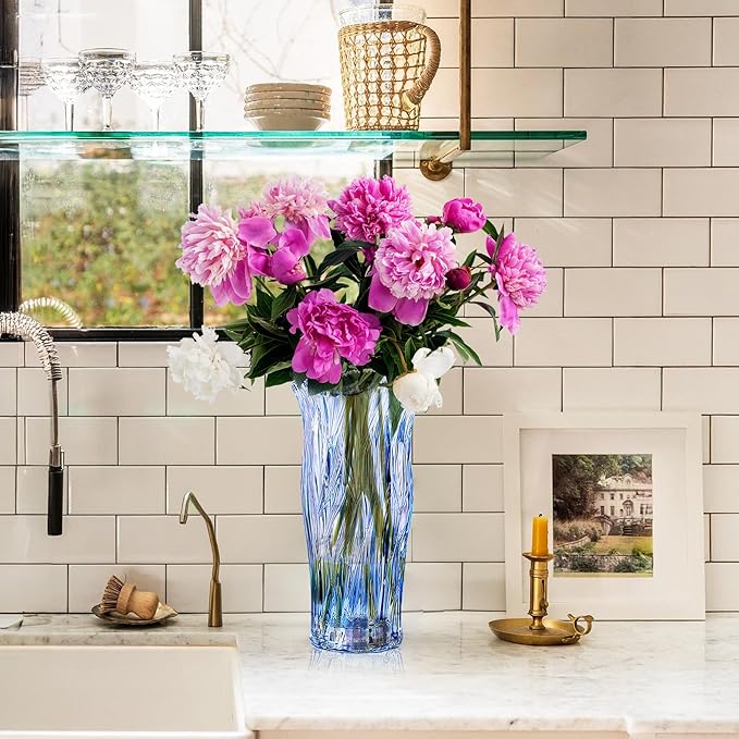 Glass Vase for Flowers, Blue Clear Glass Vases for Centerpieces, Crystal Vase for Home Table Flower Decor 9.1 inches Tall