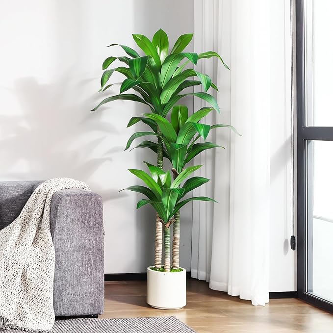 Artificial Dracaena Tree 5ft, Tall Fake Dracaena Plants with White Planter, Faux Dragon Tree Indoor Floor Plant for Home Decor Office Living Room Porch Housewarming, 1Pcs
