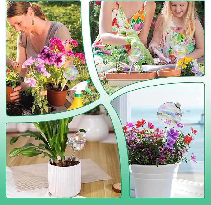 Plant Watering Globes Self Watering Planter - Indoor Outdoor Automatic Slow Release Watering Bulbs Iridescent Rainbow Glass Water Bulb for Houseplants 2 Pack