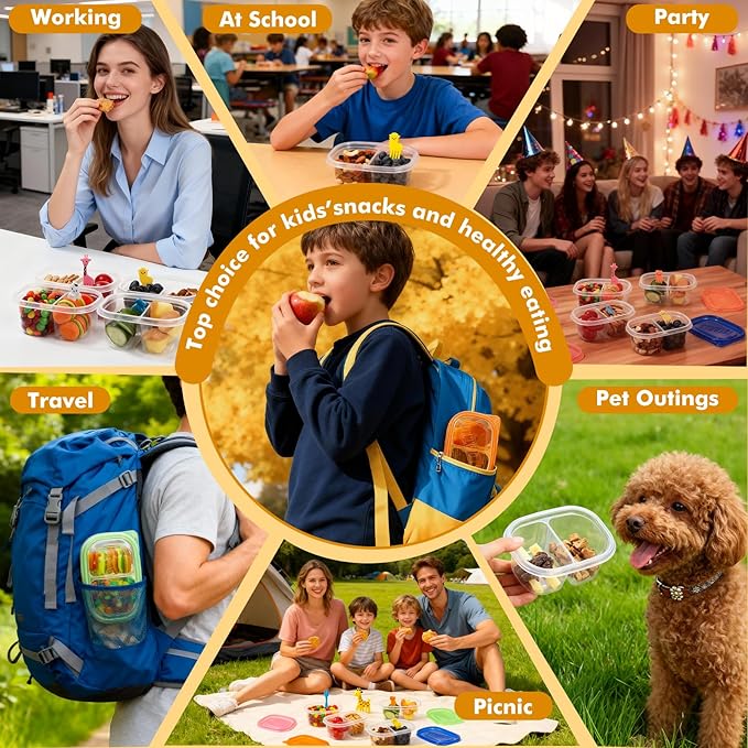 20 Pcs Reusable Snack Containers with Lids, 2-Compartment BPA-Free Portion Control for Bento Box & Meal Prep, On-the-Go for Kids Adults, Refrigerator Safe with 10 Animal Forks (4 Color Lids)