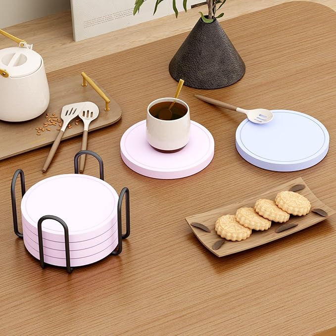Azhou 6Pcs Drink Coaster with Holder, Lavender Absorbent Coasters for Drinks, Non-Slip with Velvet Bottom, Thick Heavy Duty 4 inch Ceramic Coasters, Home Decor Coffee Bar Accessories