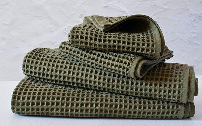 PÜSKÜL - Premium Waffle Towel Set 4 Pieces Khakie Green - Organic 100% Turkish Cotton Quick-Dry Towels for Bathroom Made in Turkiye (Khaki Green, Towel Set - 2 Hand & 2 Bath Towels)