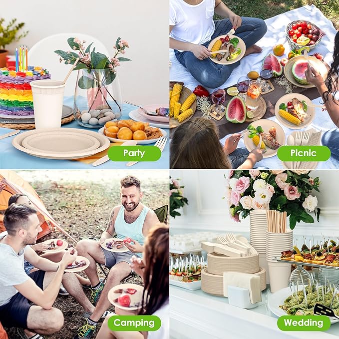 400PCS Disposable Paper Plates Set, Compostable Eco-friendly Dinnerware Set, Biodegradable Heavy-Duty Paper Plates, Utensils, Cups and Straws for Party Camping Natural Brown
