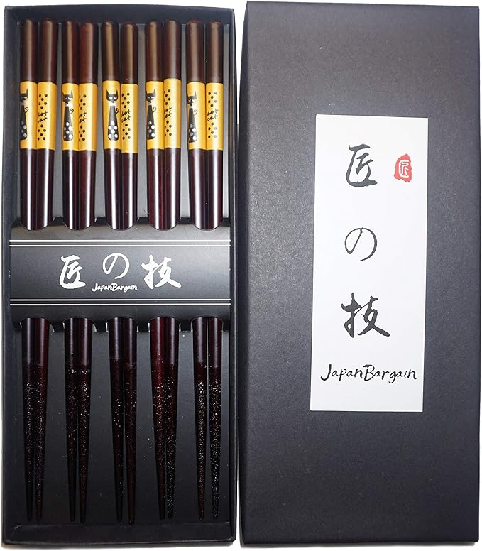 JapanBargain 4510, 5-Pair Bamboo Chopsticks Set, Reusable Japanese Chinese Korean Wood Chop Sticks, Maneki Neko Lucky Cat Design, 9-Inch Dishwasher Safe, Gift Boxed, Cute Black Cat