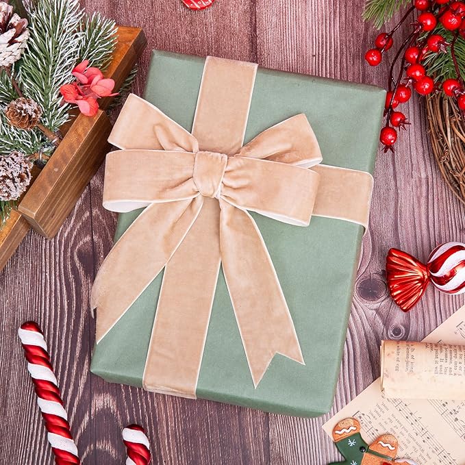 Vintage Camel Velvet Ribbon Christmas Ribbon for Gift Wrapping Crafts Christmas Tree Ornaments Garland Decorations, 1-1/2 Inch X 25Yd