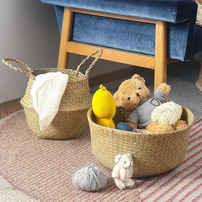 Seagrass Belly Basket, Set of 2 Woven Plant Pot Holder handmade Home Decor for Storage Plants Picnic Grocery Medium(10.63 x 9.44 inch)