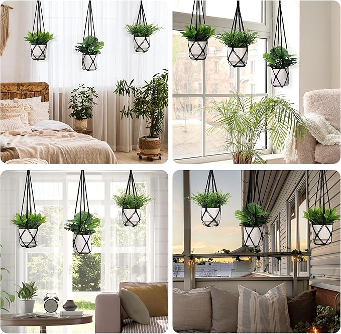 YIBOT 3 Pack Black Macrame Plant Hanger Indoor Hanging Planter Basket with 3 Hooks, 35"/29"/23" Crochet Plant Holder Stand No Tassels for Indoor Outdoor Boho Home Decor (POTS NOT Included)