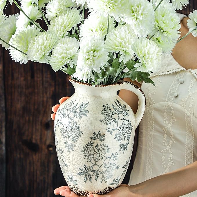 Enra Vintage vase with Handle,Blue and White Ceramic Decorative Flower vase, Chinoiserie Floral Vase,Large Rustic Vases for Home Decors, Living Room, Bookshelf, Office,9.7 inch