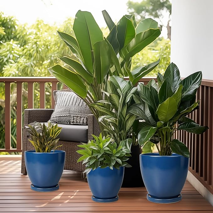 6.8 Inch Plant Pot - Ceramic Planter with Drainage Hole and Saucer, Modern Round Flower Pot, Planters for Indoor Plants, Home Garden Decor, Blue