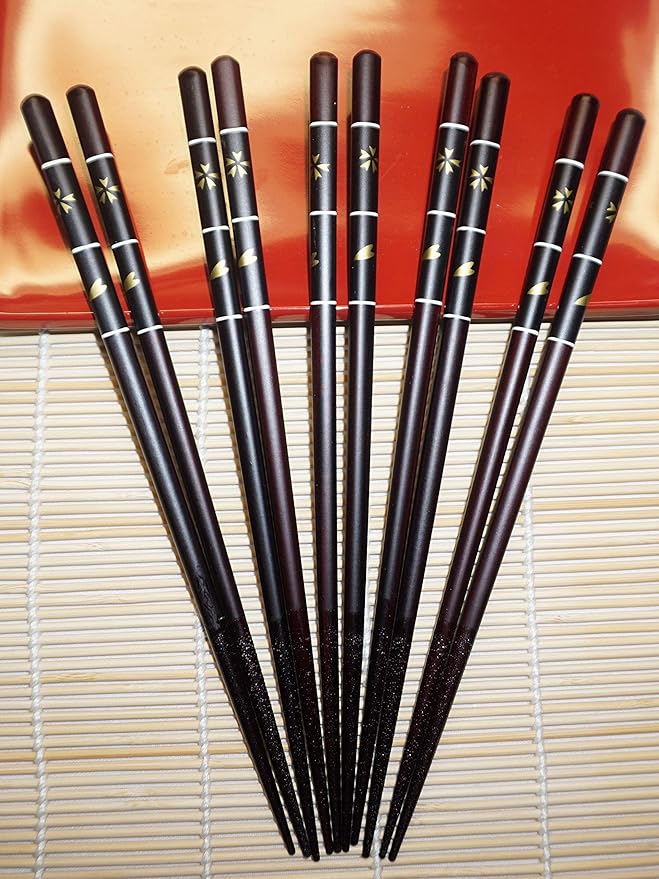 JapanBargain 4507x2, Bamboo Chopsticks Reusable Japanese Chinese Korean Wood Chop Sticks Hair Sticks 5 Pair Gift Boxed Set Dishwasher Safe, 9 inch, Gold-CherryBlossom, Set of 2