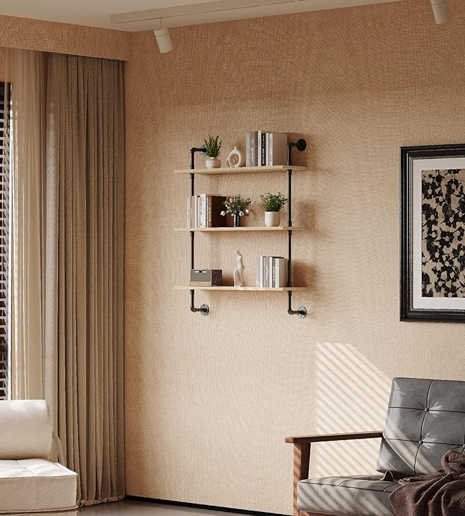 3-Tier Industrial Pipe Floating Shelf – Rustic 30 inch Wood Wall-Mounted Storage Shelf for Kitchen Office,Bathroom & Home Decor -White Oak